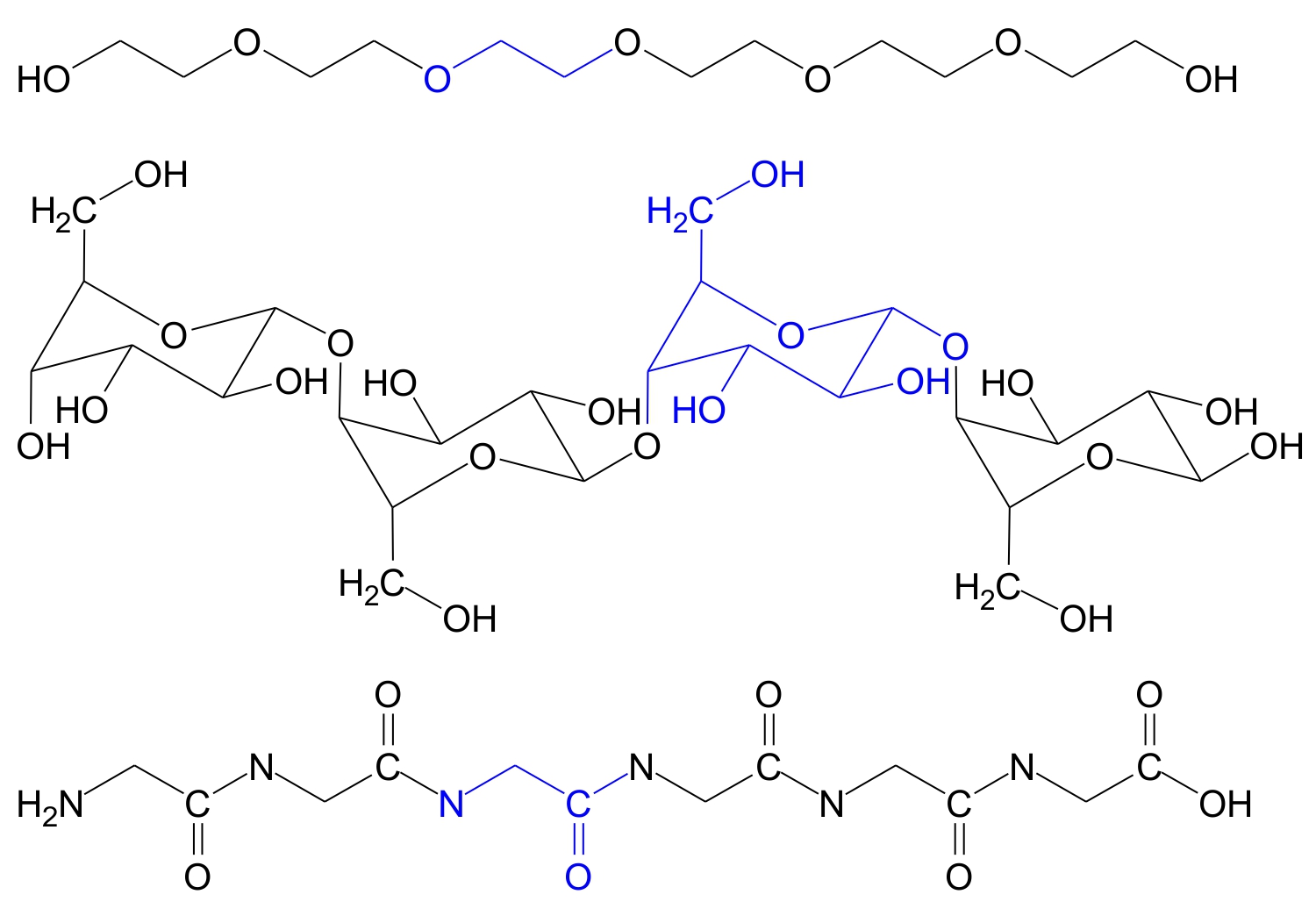Monomerer for PEG, cellulose og poly(glycin).